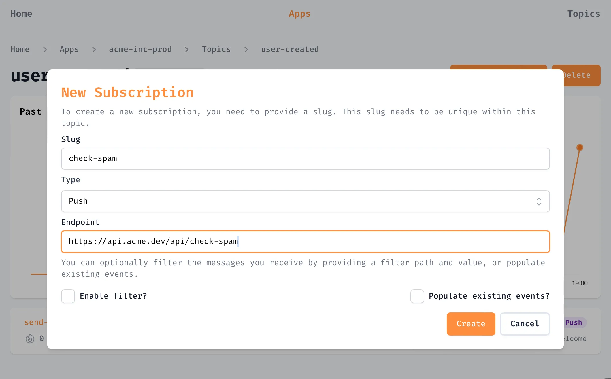 A screenshot of the new subscription form in the Sailhouse dashboard, setting up a new spam-checking push subscription